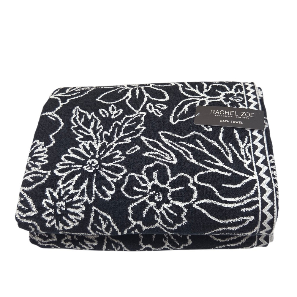 Rachel Zoe Black Ecru Floral Reversible Cotton Towel Set 4pc 2 Bath 2 Hand - Picture 10 of 12